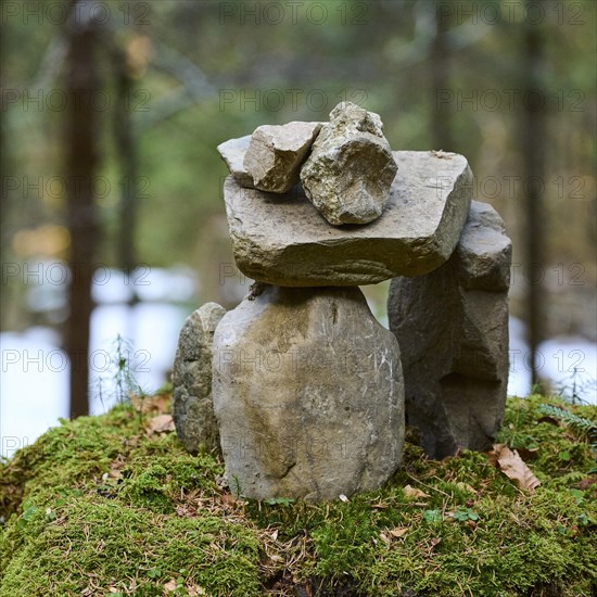 Steinmandl in the forest, Neureuth, Tegernsee, Mangfall mountains, Bavarian Prealps, Upper Bavaria,