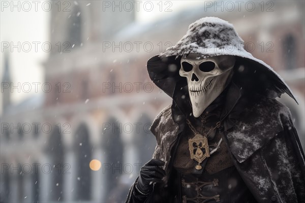 A person adorned in a richly detailed and colorful carnival costume in death mask, complete with an
