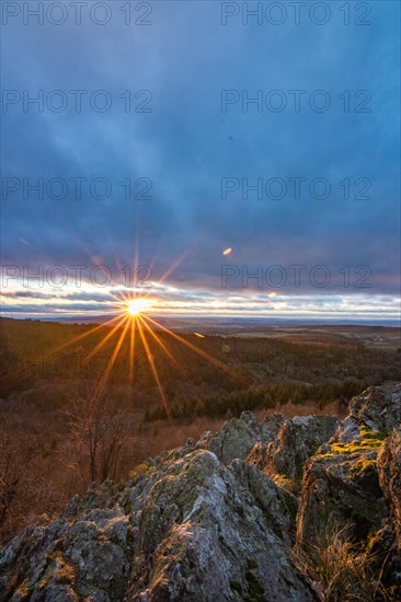 Landscape at the Grosser Zacken, Taunus volcanic region. A cloudy, sunny autumn day, meadows,