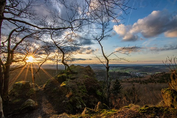 Landscape at the Grosser Zacken, Taunus volcanic region. A cloudy, sunny autumn day, meadows,