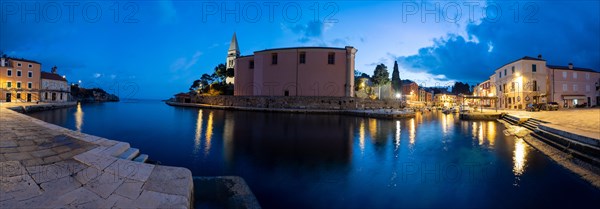 St. Anthony's Church and harbour, blue hour at dawn, panoramic view, Veli Losinj, Kvarner Bay,