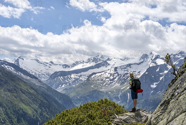 Mountaineer on hiking trail, Berliner Hoehenweg, mountain panorama with summit Grosser Moeseler and