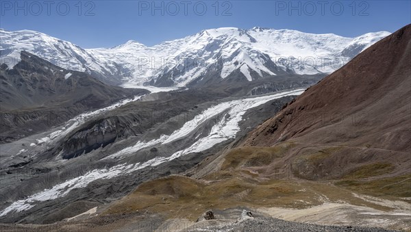 High mountain landscape with glacier moraines and glacier tongues, glaciated and snow-covered