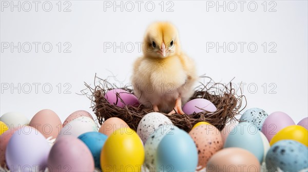Cute chick stands in a nest with pastel-shaded Easter eggs AI generated
