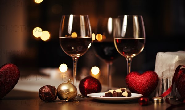 A romantic table setting featuring wine glasses, chocolates, and heart-shaped ornaments AI
