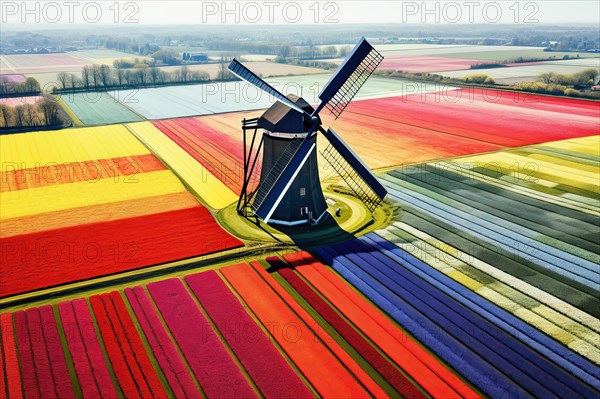 Aerial view of a Windmill in a colorful tulip field environment, The Netherlands, AI Generated, AI