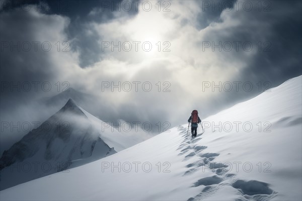 A mountaineer in mountains approaching a majestic snowy mountain peak amidst a snowfall and snow