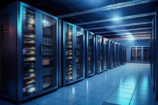A modern data center with rows of server racks, high technology, artificial intelligence AI and