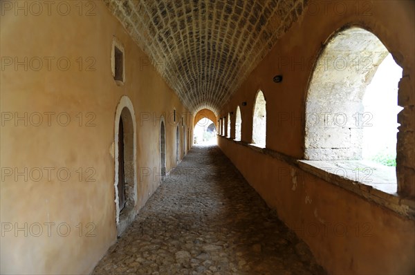 Path, corridor to the monks' cells, monastery church, Arkadi Monastery, Moni Arkadi, national