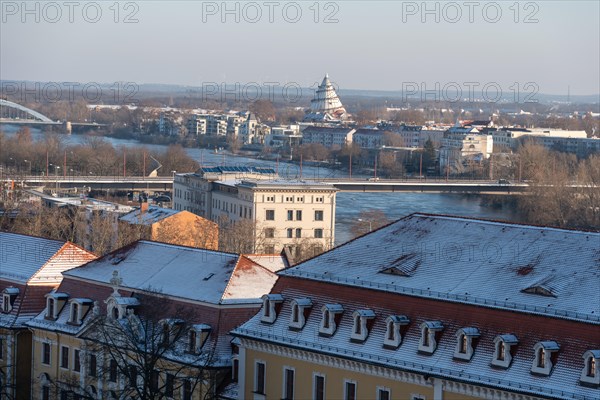 View across the Elbe to the Millennium Tower in the Elbauenpark, Magdeburg, Saxony-Anhalt, Germany,