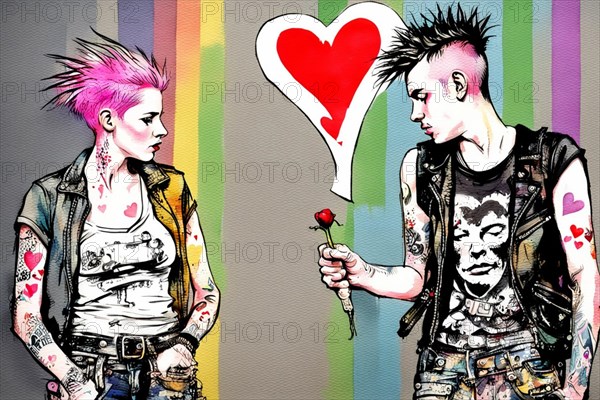 A punk couple with striking Mohawks and tattoos is depicted with a backdrop of colorful graffiti,