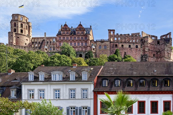 Karl square with the Academy of Science and a view to Heidelberg castle, Heidelberg, Baden
