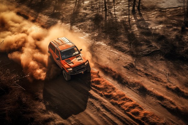A dynamic aerial view of monster truck, with large tires, making its way off-road through rough