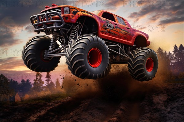 Monster truck driving and jumping outdoors amidst a cloud of dust. Thrill and adrenaline of an