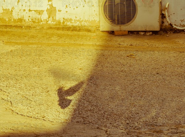 Shadow of a flying bird on sunny concrete driveway with old air conditioning unit and building wall
