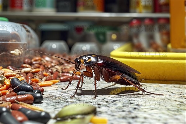 A cockroach (Blattodea) explores food in a kitchen, a common sign of a pest infestation, AI