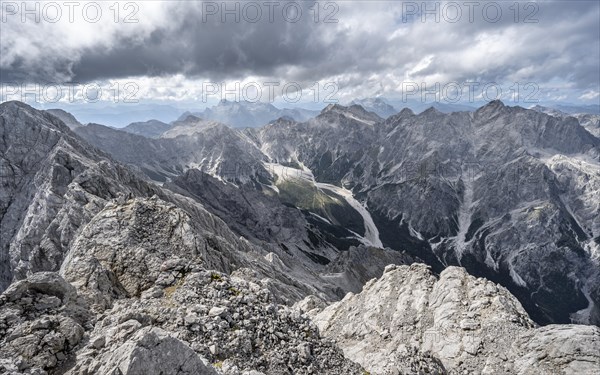 View of Wimbachgries valley and mountain panorama with rocky mountain peak of the Hochkalter, at