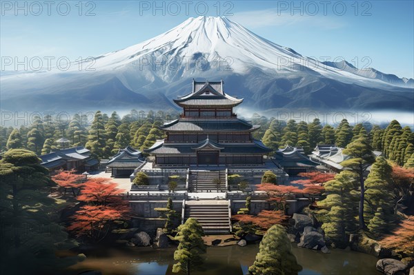 Shintoism Temple in front of Mount Fuji, Japan, AI Generated, AI generated, Asia