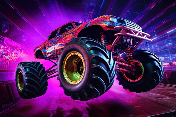 Monster truck with neon lighting, jumping off-road in cloud of dust. Excitement and thrill of an
