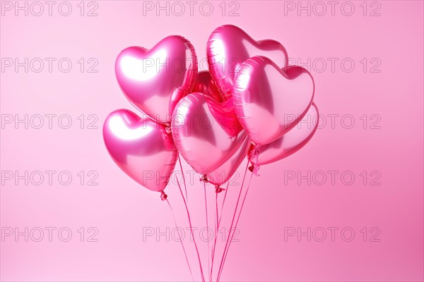 Bunch of glossy pink heart-shaped balloons against a soft pink background, perfect for Valentine's