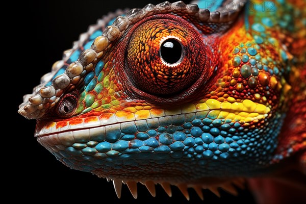 Vibrant close-up image capturing the intricate details and vibrant colors of a chameleon against a