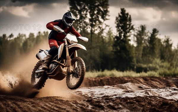 Motocross on an enduro motorcycle through mud and sand, a motorcyclist in gear and a helmet rides