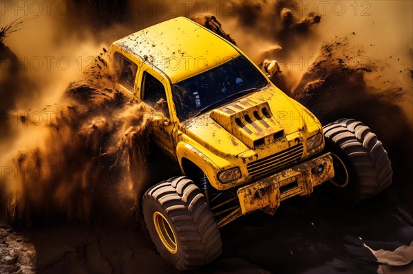 A dynamic aerial view of monster truck, with large tires, making its way off-road through rough