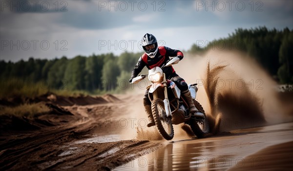Motocross on an enduro motorcycle through mud and sand, a motorcyclist in gear and a helmet rides