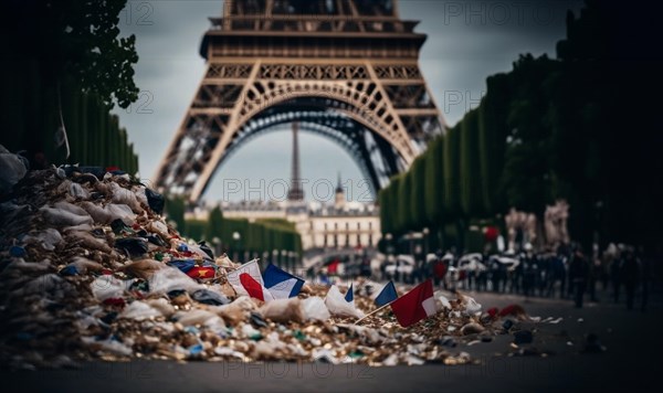 Garbage on the streets of Paris after sports competitions and concerts. Concept of the Olympic