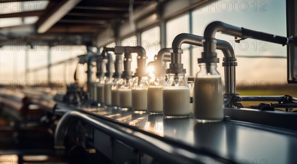 Plant for the production of milk and dairy products, conveyor belt with bottles of milk, AI
