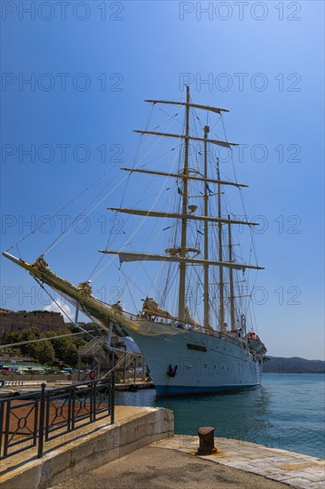 Four-masted sailing yacht Star Clipper anchored in the harbour of Portoferraio, Elba, Tuscan