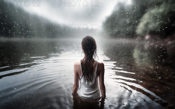 Suicidal thoughts, a young depressive woman with suicidal intent stands in the water by a lake in