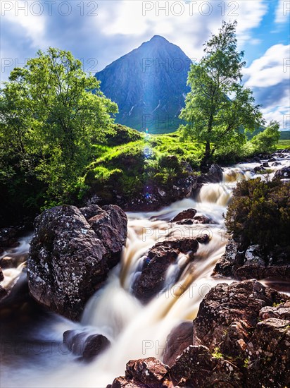 Waterfall under Buachaille Etive Mor, River Coupall, Glen Etive and River Etive, Highlands,