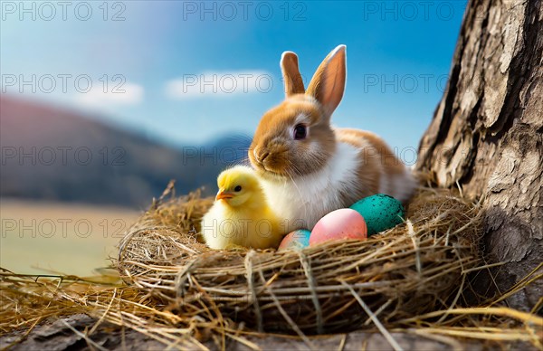 Easter, the Easter bunny and a chick sit in an Easter nest with colourful Easter eggs, AI