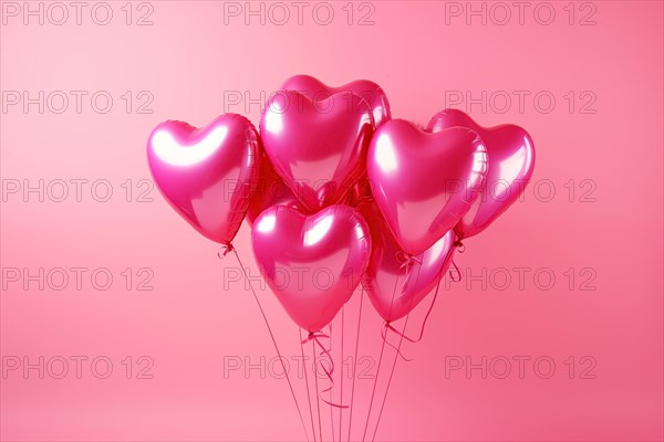 Bunch of glossy pink heart-shaped balloons against a soft pink background, perfect for Valentine