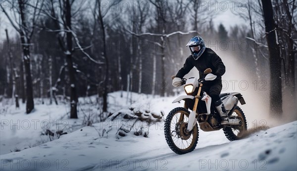 Motocross on an enduro motorcycle in the snow in winter, a motorcyclist in equipment and a helmet