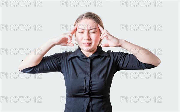 People suffering from migraine on isolated background. Headache concept. Young woman with headache
