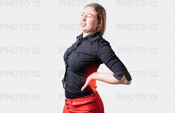 People with spine problems isolated. Suffering girl with back pain. Young woman with back pain.