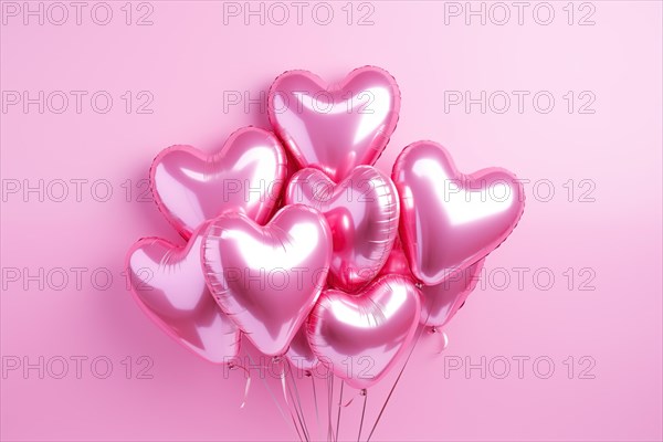 Bunch of glossy pink heart-shaped balloons against a soft pink background, perfect for Valentine