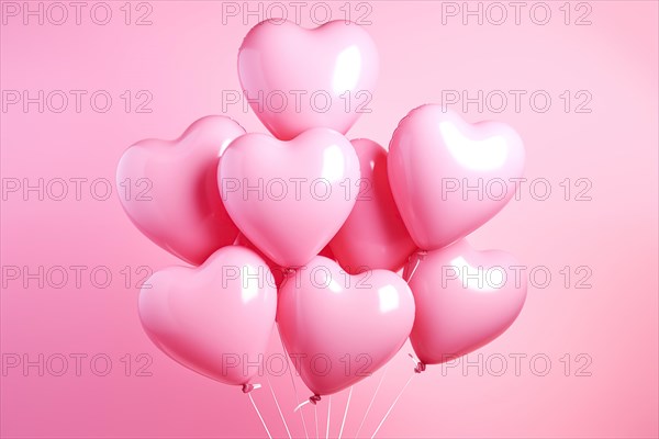 Bunch of glossy pink heart-shaped balloons against a soft pink background, perfect for Valentine