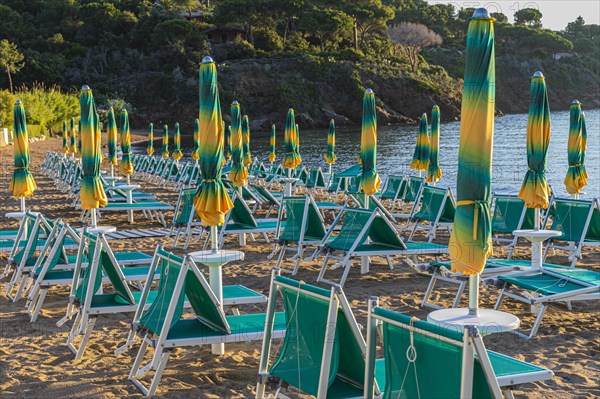 Sun loungers and parasols on Straccolignino beach at sunrise, near Capoliveri, Elba, Tuscan