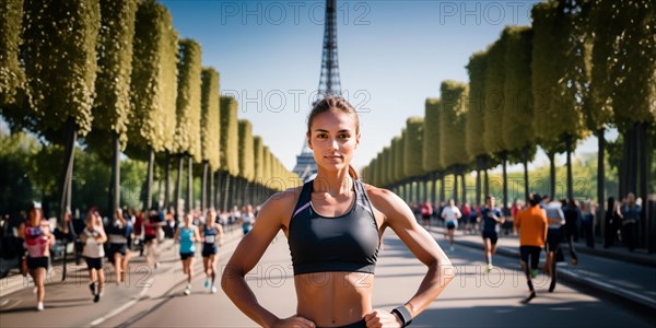 Woman athlete in Paris in sportswear against the background of the Eiffel Tower. Concept of the