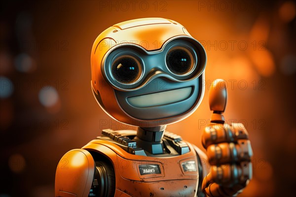 Orange robot showing a thumbs up gesture. The friendly robot has big round eyes and a friendly