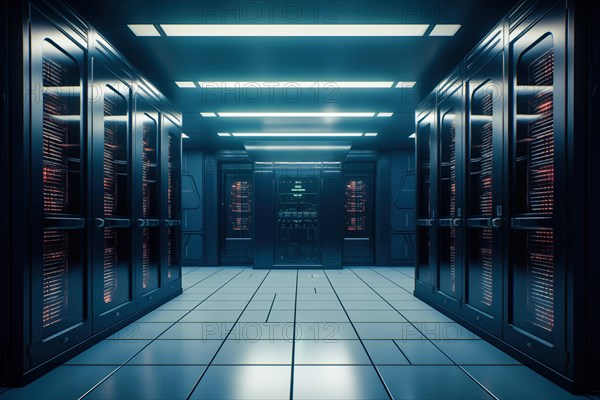 A modern data center with rows of server racks, high technology, artificial intelligence AI and