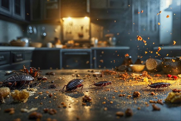 Cockroaches (Blattodea) search for food on a messy kitchen worktop under dramatic lighting, AI