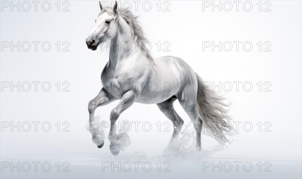 White horse with flying hair and splashes of water on white background. Frozen water splashes on