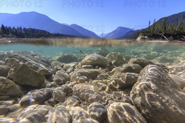 Underwater shot of river in front of mountains, midday light, Isar, Vorderriss, Karwendel