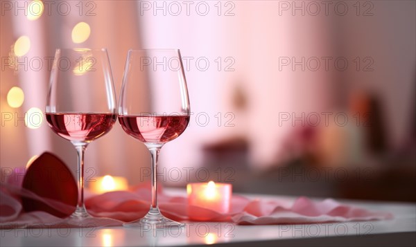 Wine glasses with sparkling accents and heart-shaped decorations in a romantic atmosphere AI