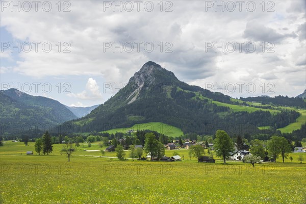 Summer austrian landscape with green meadows and impressive mountains, view from small alpine
