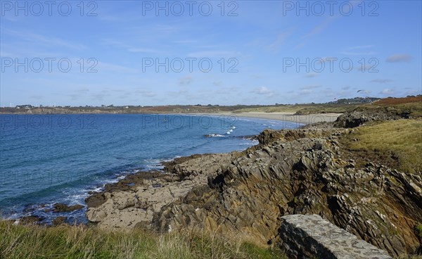 Sandy beach beach Plage des Blancs Sablons, seen from the peninsula Kermorvan, Le Conquet,